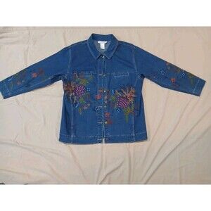 Sue Graver Embroidered  Beaded Hand Painted Denim Jean Jacket Women’s Sz L